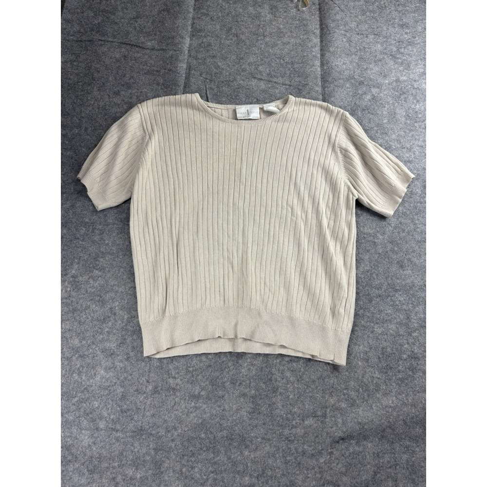 VTG First Issue Liz Claiborne Top Women's L Beige Ribbed Knit Short Sleeve Shirt